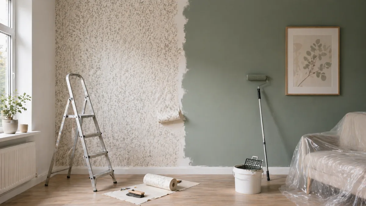 Raumbeispiel mit tapezierter Wand als Gestaltungsoption im Vergleich zur glatten Farbe