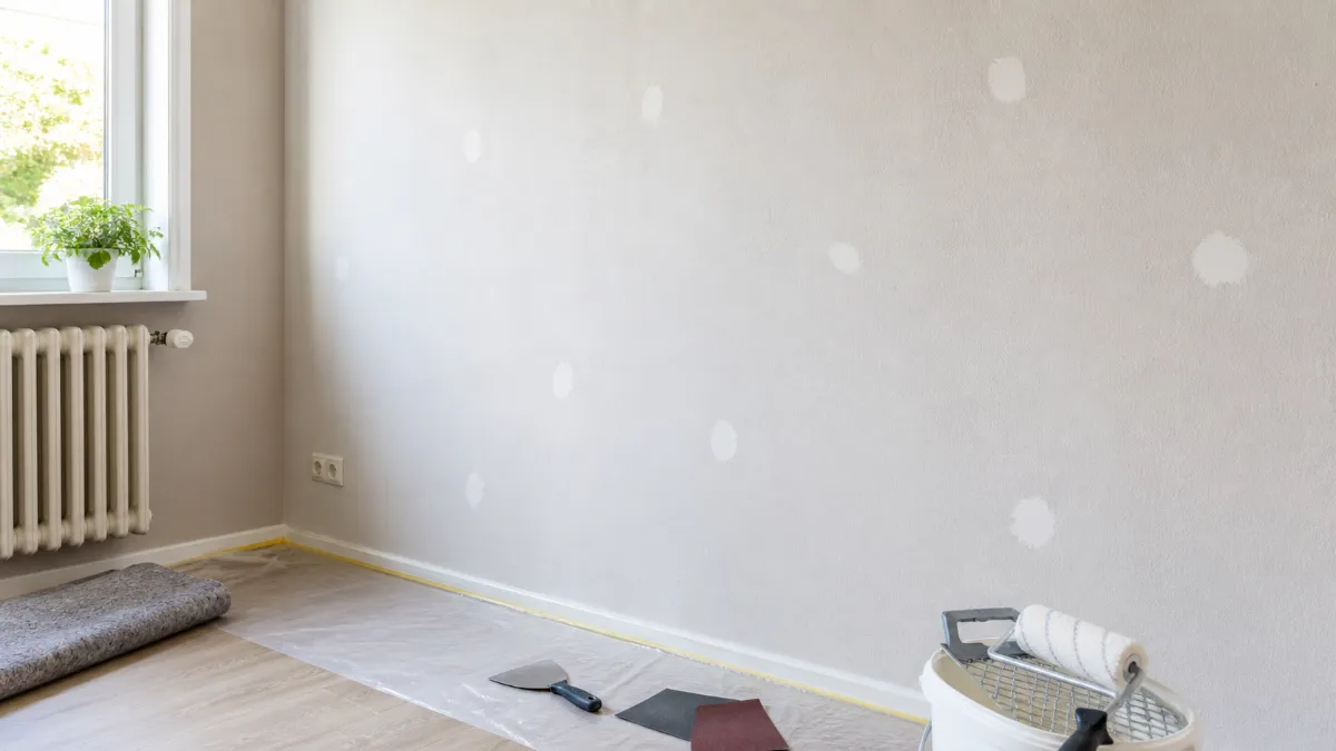 Vorbereitete Wand mit gespachtelten Stellen und Malerwerkzeug für Schönheitsreparaturen