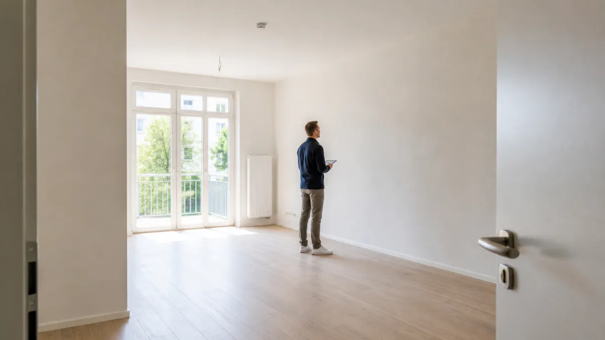 Leere helle Wohnung mit Person bei der Prüfung einer großen Wandfläche vor der Übergabe