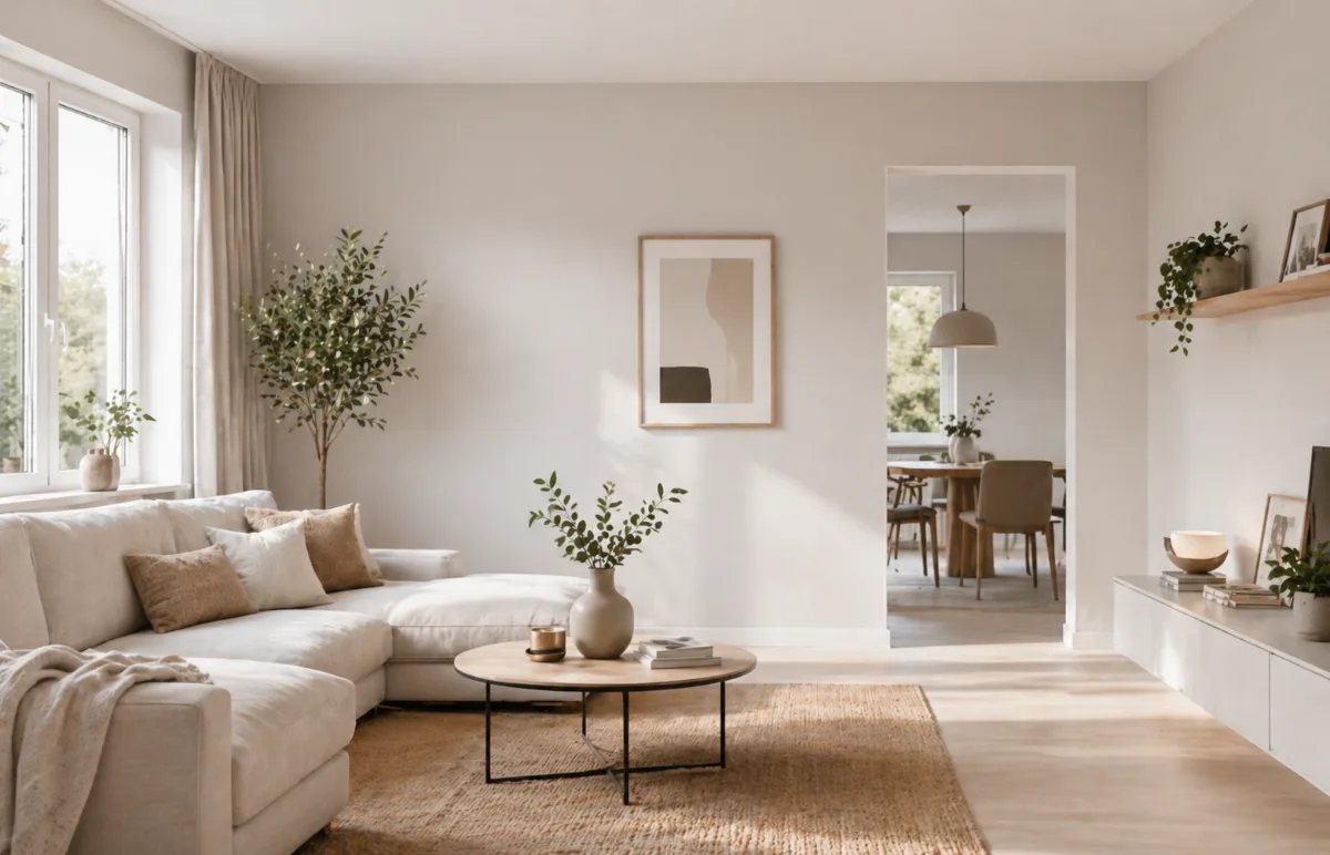 Heller Wohnraum mit sanfter Wandfarbe für eine offene und großzügige Wirkung
